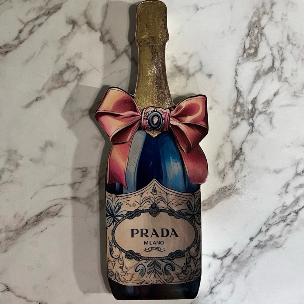 Prada Bottle in Blue with Gold Neck and Pink Bow Shelf Decor